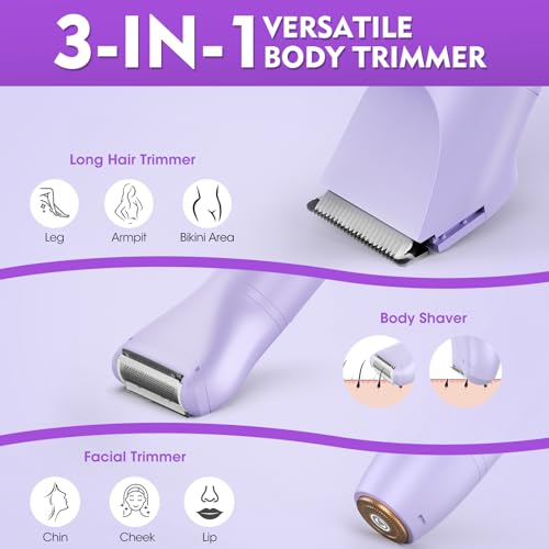 Bikini Trimmer for Women, 3 in 1 Electric Razors for Women, Waterproof Pubic Hair Trimmer and Facial Hair Remover, Rechargeable Electric Shaver for Underarm Leg Arm Body with LED Display