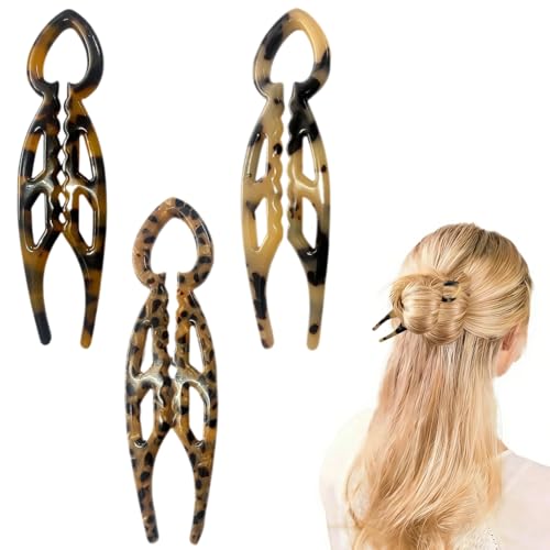 Wawou 3-Pack French Hair Pins with Leopard Tortoiseshell Prints, Non-Slip Curved Design for All Hair Types