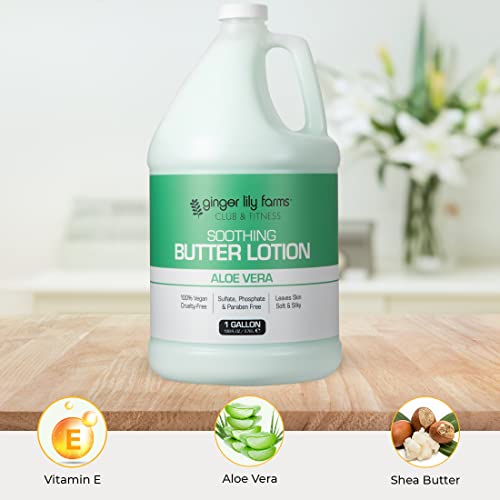 Ginger Lily Farms Club & Fitness Soothing Butter Lotion for Dry Skin, 100% Vegan & Cruelty-Free, Aloe Vera Scent, 1 Gallon (128 fl oz) Refill