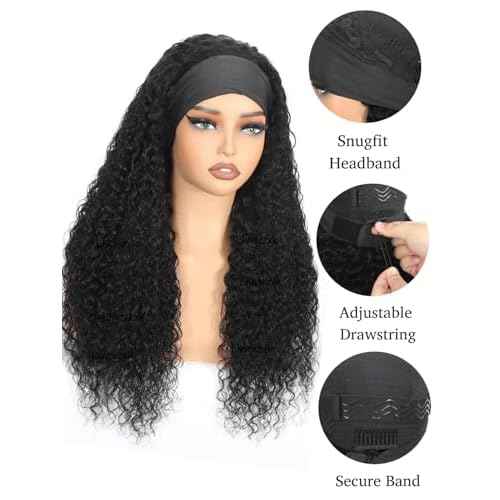 Water Wave Headband Wig Human Hair 14inch Curly Drawstring Headband Wigs Human Hair Wear and Go Glueless Wigs for Black Women Brazilian Virgin Hair 220 Density Natural Color