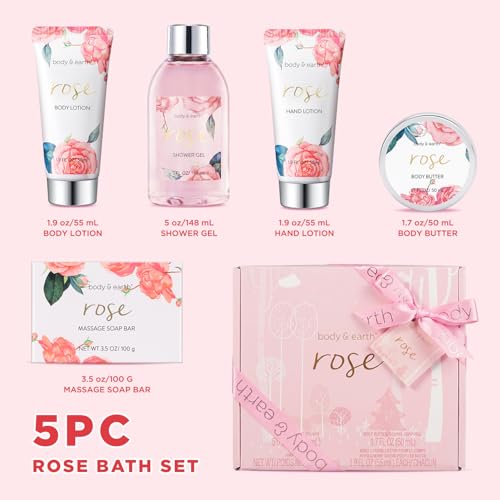 BODY & EARTH Rose Spa Gift Set - 5-Pc Bath & Body Kit for Women