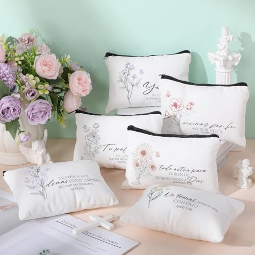 30 Pcs Spanish Christian Easter Gifts for Women Bulk Easter Religious Cosmetic Bags Inspirational Bible Verse Pencil Pouch Christian Makeup Bags with Zipper Church Gift for Travel Women
