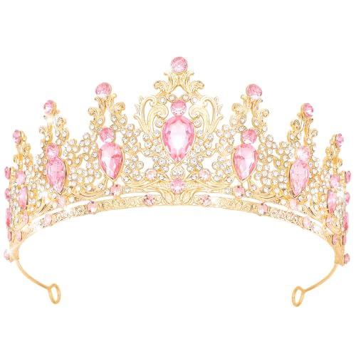 YOUlDIANZI Queen Crown Rhinestone Tiara for Women Wedding Party Costume - Gold & Pink-A