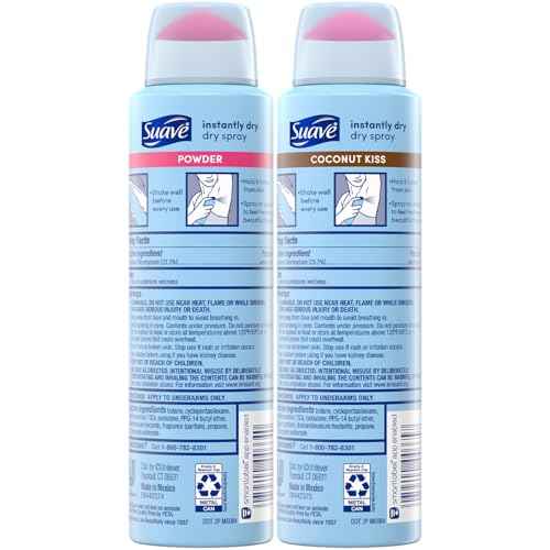 Suave Antiperspirant Deodorant for Women, Powder & Coconut Kiss Dry Spray Variety 2-Pack ? 48H Protection, Anti-Staining Formulas, Talc-Free