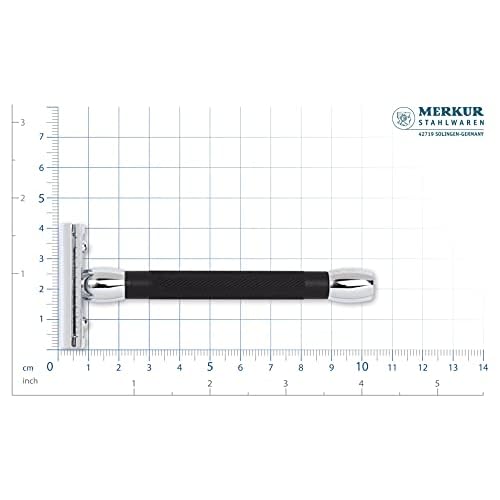 MERKUR 20C Double Edge Safety Razor, Long Handle, Black Anodized Aluminum & Bright Chrome Finish, Three-Piece Design, Closed Comb Straight Bar, Made in Germany