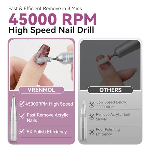 Vrenmol Electric Nail Drill Professional 45000RPM: Rechargeable Nail Drill Kit Portable Electric Nail File with Complete Bits for Acrylic Nails Gel Polishing Removing 2000mAh Nail Drill Machine Salons