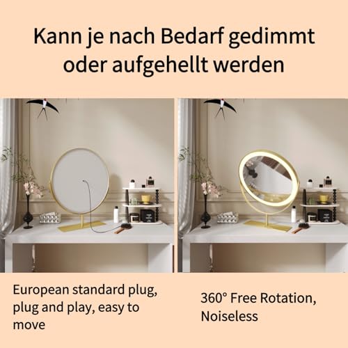 Vanity Mirror Makeup Mirror with Stand,15.8" Round Vanity Mirror, LED Lights, Smart Touch 360¡ÆRotation, Dimmable White (Golden)