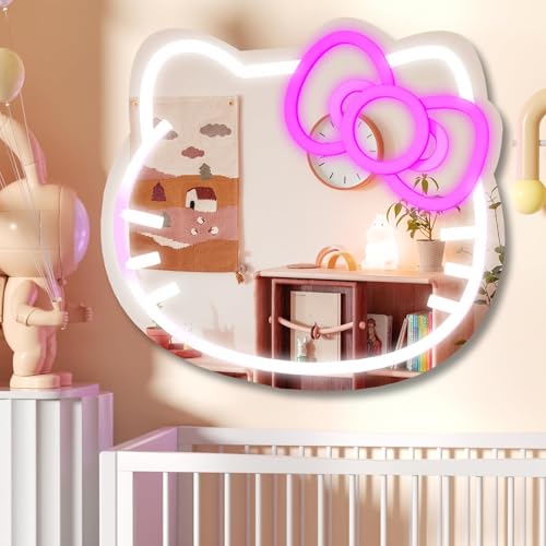 Anime Hello Kit Cat Neon Sign Mirror 12 * 9.5 inch Vanity Mirror with Lights Bedroom Wall Mirror for Pink Room Decor and a Makeup Mirror with Lights Teen Girl Gifts