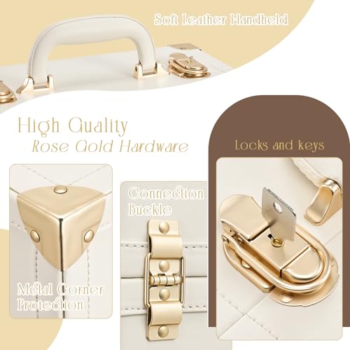 Joligrace Makeup Train Case Large Portable Cosmetic Makeup Storage Box Organizer Lockable with 4 Tray Compartments Retro Champagne Beige Vegan Leather