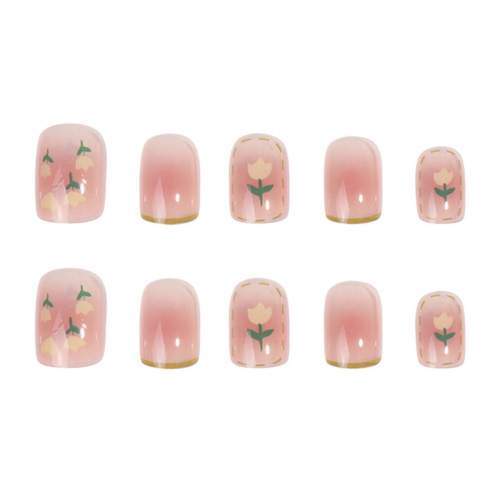 DOUBNINE Press On Nails Short Square Pink Flower Blooming French Tip Gossry Acrylic False Nails with Glue Ballerina Spring Look Full Cover Stick On Nails for Women