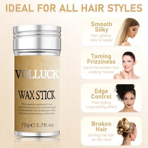 VOLLUCK Hair Wax Stick for Men & Women, Wax Stick Hair Slick Stick for Wigs Hair Styling, Hair Gel Stick Non-greasy Styling Cream for Edge Control Frizz Hair, 2.7 OZ