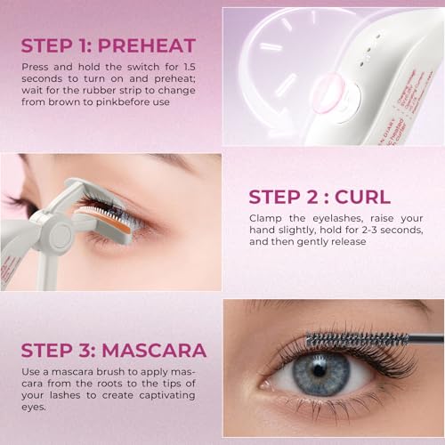 MLEN DIARY Rechargeable Heated Eyelash Curler with 3 Temperature Modes, Fast 10s Heat Up, Long-Lasting 24H Curl, Travel-Friendly, Anti-Burn Safety (White)