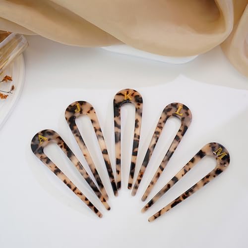 French Hair Pins 2Pcs - Engraved Initial, Tortoiseshell, Long U-Shaped Hair Clips - Perfect Gift for Women & Girls (Variation: 2SET-M)