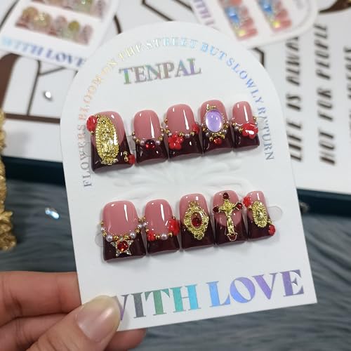 Short Duckbill Press on Nails - Wine Nude Ombre with Pearl & Cross Charms | Icy Glitter False Nails | Vintage Glam Style for Everyday & Holiday(M)