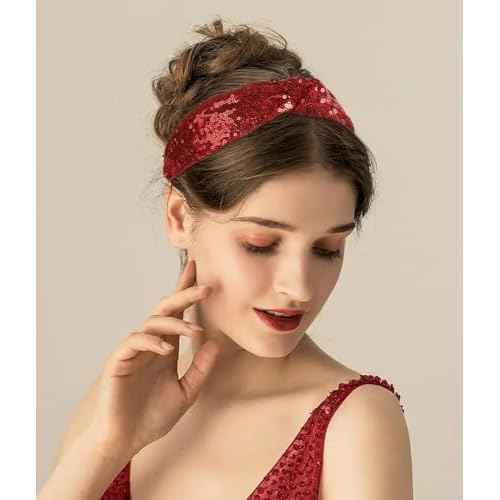 Huachi Christmas Headbands for Women Girls Top Knot Headband Sparkly Sequin Knotted Head Bands for Women¡¯s Hair Accessories Holiday Red Green Hairbands Turban Christmas Gifts