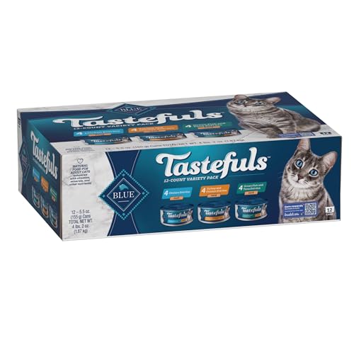 Blue Buffalo Tastefuls Wet Cat Food Paté Variety Pack, Made with Natural Ingredients | Chicken, Turkey & Chicken, and Ocean Fish & Tuna Entrées, 5.5-oz. Cans (12 Count, 4 of Each)