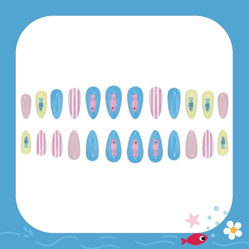 Medium Almond Faux Nail Tips Kit with Ocean Fish Design, 24 Pieces