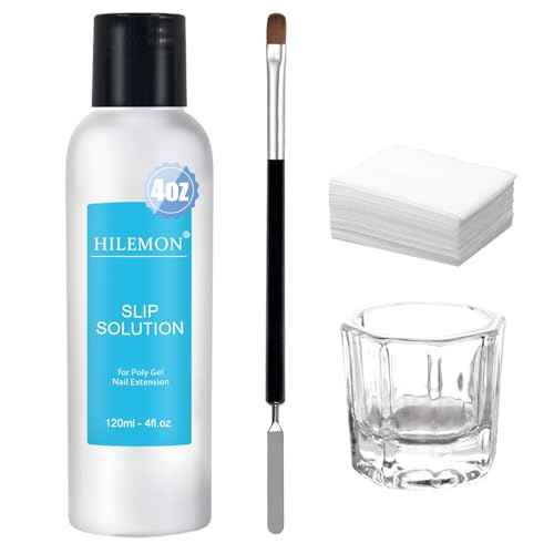 Poly Gel Slip Solution Set, Liquid with Dual-Ended Spatula Brush Glass Cup Cotton Pad, Anti-Stick Liquid Brushes Cleaning for Nail Extension Gel