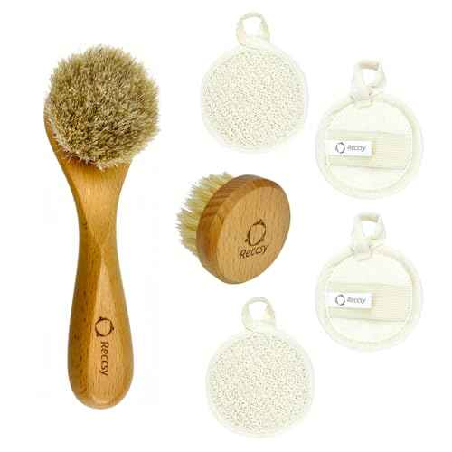 Face Dry Brush for Lymphatic Drainage Set,Exfoliating Face Brush+Face Scrubber for Women+4pcs Organic Facial Exfoliating Pads Reusable.Wooden Small Soft Bristle Facial Brushes for Cleaning.