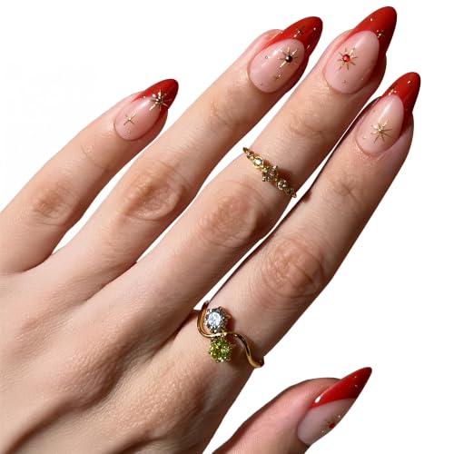 PaintLab Celestial Red French Tip Press On Nails - Medium Almond, 30-Piece Kit