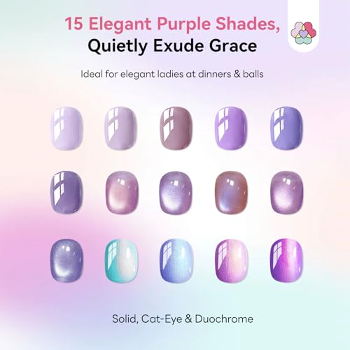SAVILAND Hema-Free Poly Gel Nail Kit for Starter: 15 Colors Poly Gel for 28 Day Long-Lasting, Purple Cat Eye Duochrome Nail Extension Kit with Slip Solution U V Lamp, Suitable for Dance Party Nail Art
