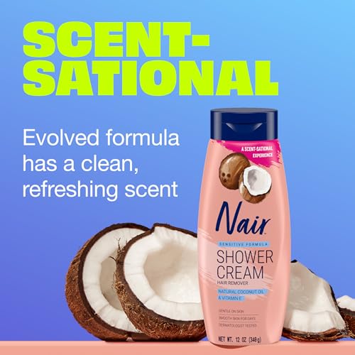 Nair Sensitive Formula Shower Cream, Quick and Easy Hair Removal Cream with Coconut Oil and Vitamin E for Body, 12 oz