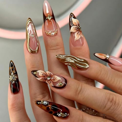 Fall 3D Floral Press On Nails Medium Almond - 24pc