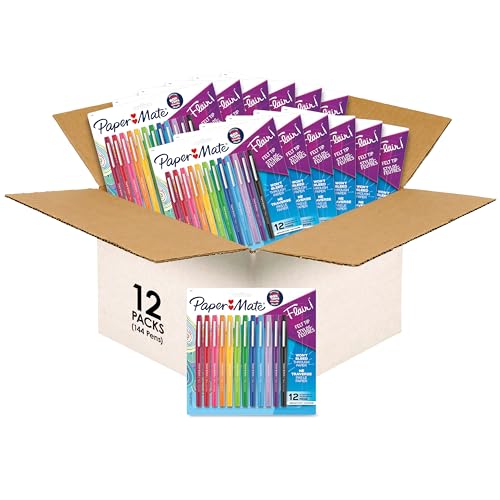 Paper Mate Flair Felt Tip Pens, Medium Point (0.7mm), Assorted Colors, (Pack of 12, 144 Count Total)