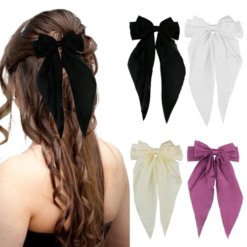 Fancylovesotio 4PCS Silky Satin Hair Bows Clip Hair Ribbons with Long Tail Hair Barrettes with Metal Clips and Bowknot Hair Accessories for Girls Teens Kids