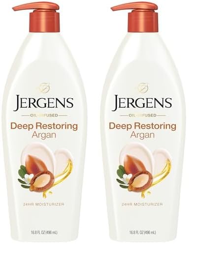 Jergens Deep Restoring Argan Oil Moisturizer, Soothing Body and Hand Lotion, 16.8 oz, with Reviving Argan Oil and Vitamin E, Oil-Infused, Dermatologist Tested (Pack of 2)