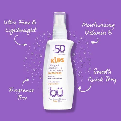 BU SPF 50 Fragrance Free Kids Sunscreen Spray for Face and Body, TSA Travel Size Sunscreen, Clear Non Aeorsol Spray, Non Greasy, Water Resistant and Oil Free, 3.3 oz (3-pack)