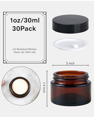 Hoa Kinh 1oz Amber Glass Jars with Lids - 30 Pack Cosmetic Containers
