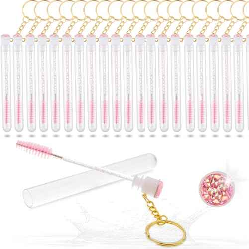 Upgrade 48 Pieces Disposable Mascara Wands Set,Mascara Brush Tube for Women and Girls- Include 24 Pcs Crystal Lash Spoolies Brush and 24 Pcs Reusable Keychain Empty Eyelash Brush Tubes(Pink)