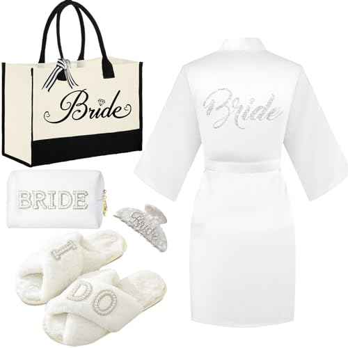 Bride to Be Gifts - Bridal Shower & Wedding Gifts - Bride Tote Bag, Slippers & Robe for Wedding Day