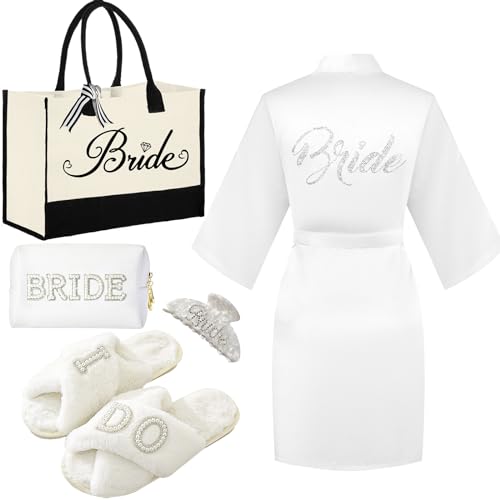 Bride to Be Gifts, Bridal Shower Gifts, Wedding Gift, Bride Tote Bag Makeup Bag Robe Slippers Hair Clip I Do Slippers Wedding Robe Cosmetic Bag