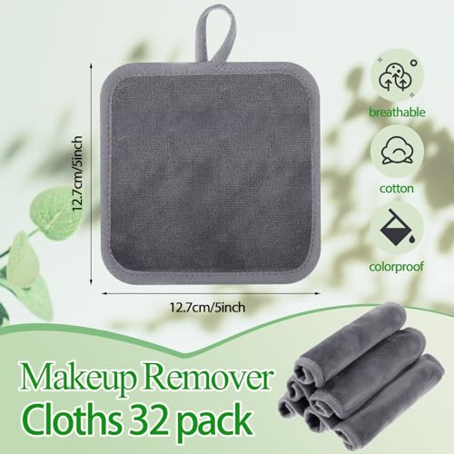 32 Pcs Makeup Remover Pads 5 x 5 Inch Soft Reusable Makeup Remover Cloths for Eye Face Cloth Microfiber Washable Makeup Remover Towel Makeup Removal Cleaning Cloth for Women (Gray)