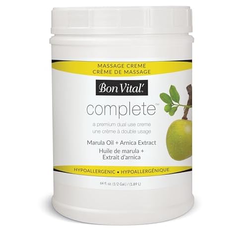 Bon Vital Complete Massage Creme, 1/2-Gallon, Unscented Non-Greasy Cream with Marula, Olive & Jojoba Oils, Hypoallergenic Moisturizer for Professional & Home Use, Premium Dual-Purpose, Massage Therapy