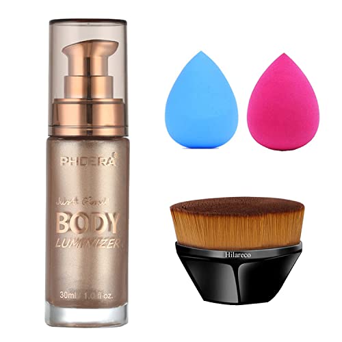 PHOERA Body Shimmer Oil, Body Bronzer Shimmer Oil,Body Glow Oil Shimmer Highlighter Luminizer Body Illuminator with Makup Bursh,Self Tanning Lotion,1oz/Jars (101 Rose Gold)