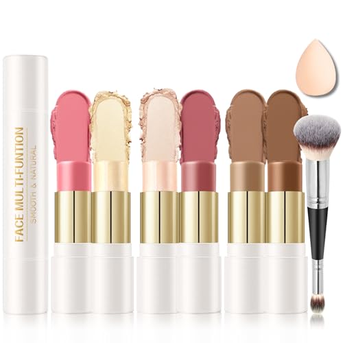 6 Colors Cream Contour Stick Makeup Kit, Double-ended Cream Highlighter Stick Bronzer and Blush Stick for Sculpt the Cheeks, Matte & Dewy Finish, Face Contour Kit for Beginners, Set A