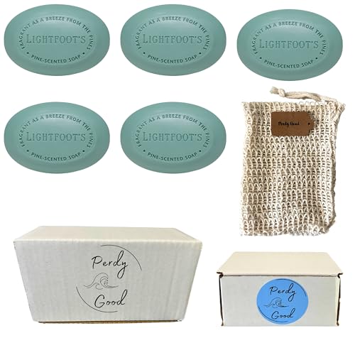 Lightfoot's Pine Soap for Men Bundle with Five (5) bars of Lightfoot's Pine Scented All Natural Mens Soap and One (1) Plastic Free Exfoliating Sisal Soap Saver Bag Gift Boxes