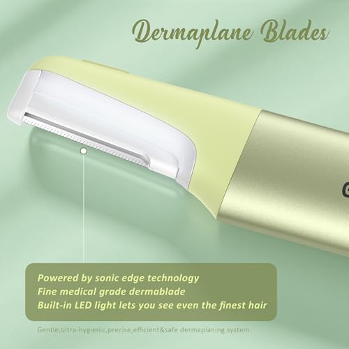 Sonic Dermaplane Razor for Women Face Beauty Face Epilator, Exfoliation & Peach Fuzz Facial Hair Removal for Women, Electric Face Razors Shaver Trimmer Anti-Aging 3 Speeds & 10 Refill Blades, Green