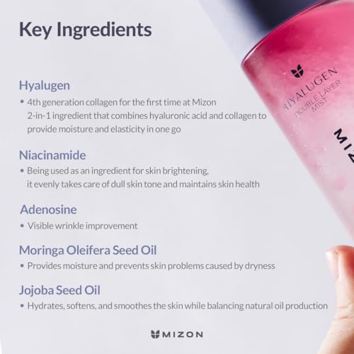 MIZON Hyalugen Double Layer Mist with Hyaluronic Acid and Marine CollagenYouthful Skin Spray Instant Glow Moisturizing Korean Skincare (3.38 oz)