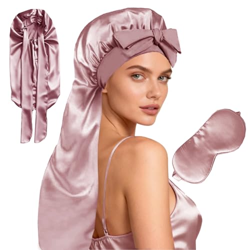 WJing Yi Jia Sandalwood 2-Piece Silk Satin Bonnet & Eye Mask for Long Curly Hair Sleep - One Size