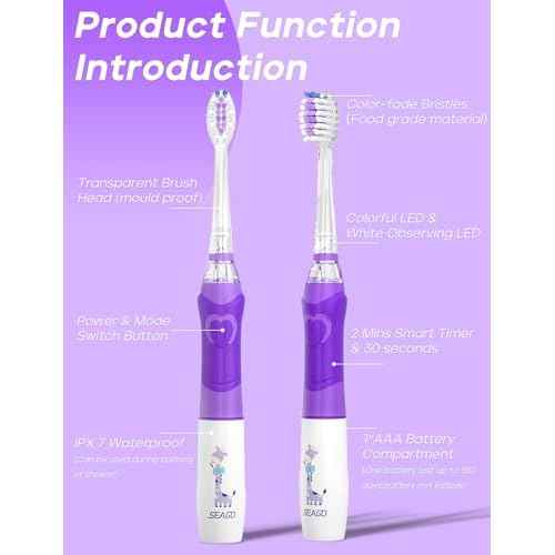 SEAGO Kids Electric Toothbrush with 2 Mins Brushing Timer and 4 Replacement Bursh Heads,Rainbow LED Light Make Brushing Fun, Purple Color Girls Battery Powerd Toothbrush for 4-12 Years Old£¬SG-977
