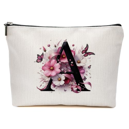 Pink Flower Initial A Makeup Bag - Travel Cosmetic Organizer for Women & Gifts