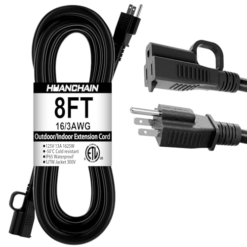 HUANCHAIN Indoor Outdoor Black Extension Cord 8 ft Waterproof, 16/3 Gauge Flexible Cold-Resistant Appliance Extension Cord Outside, 13A 1625W 16AWG SJTW, 3 Prong Heavy Duty Electric Cord, ETL