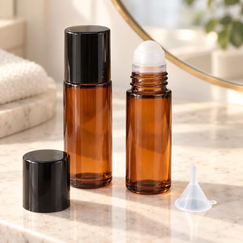 2 Pack 30ml Amber Glass Roller Bottles - Refillable Empty Roll-On Tubes