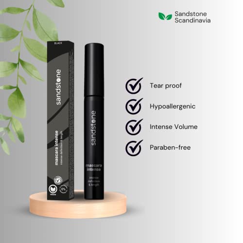 Sandstone Scandinavia Hypoallergenic Black Mascara for Sensitive Eyes - Smudge-Proof, Sweatproof, Lengthening Mascara with Intense Volume - Vegan, Allergy Friendly Mascaras