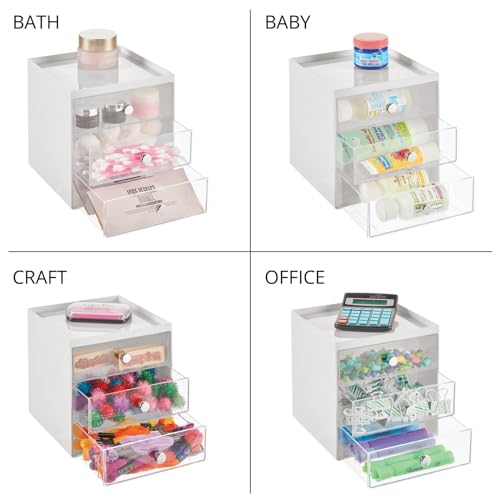 mDesign Plastic 3 Drawer Organizer for Makeup Storage - Large Stackable Makeup Organization and Storage Cube with Drawers for Bathroom, Vanity, Desk - Makeup Storage Drawers - Light Gray/Clear