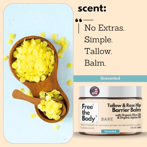 Tallow and Rose Hip Barrier Balm, Grass-Fed Tallow with USA Beeswax and Rosehip Oil, 2oz, All Skin Types, Face and Body (2oz, Bare (unscented))
